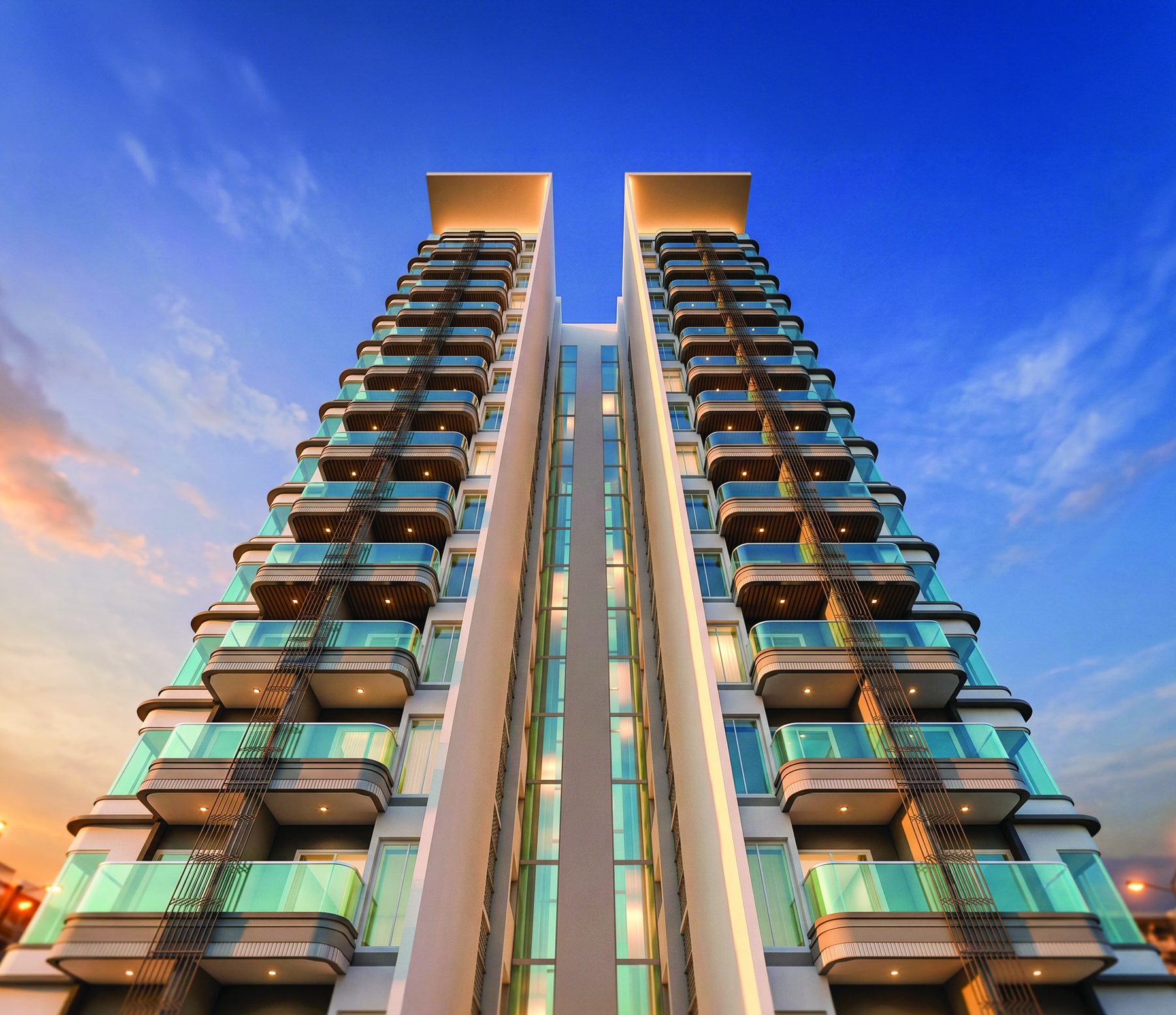 Looking up the split core of 9 Tara Crest, with rounded balconies on both wings