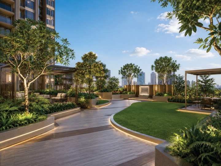 Landscaped deck with lawn and seating