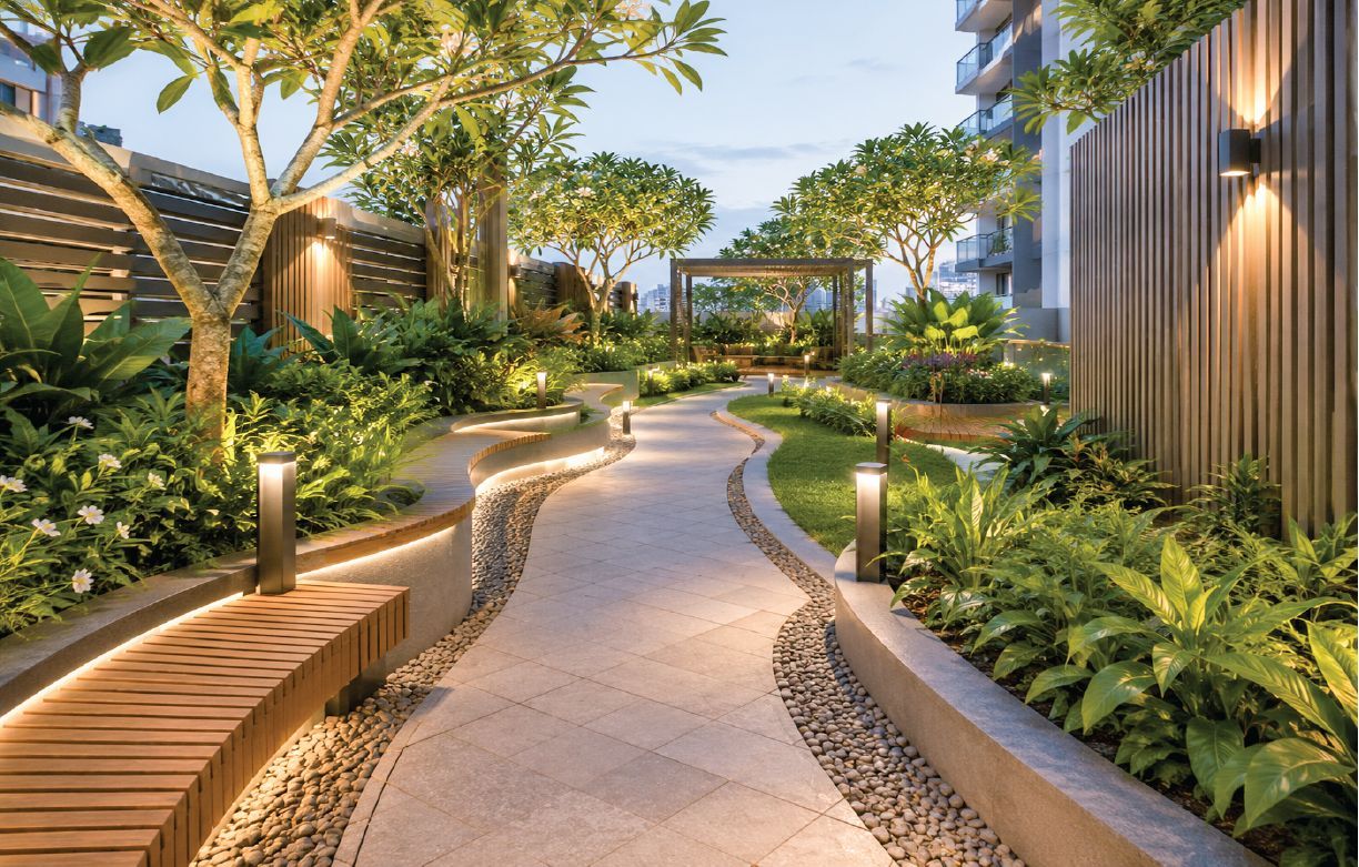 Podium garden with a lit pathway