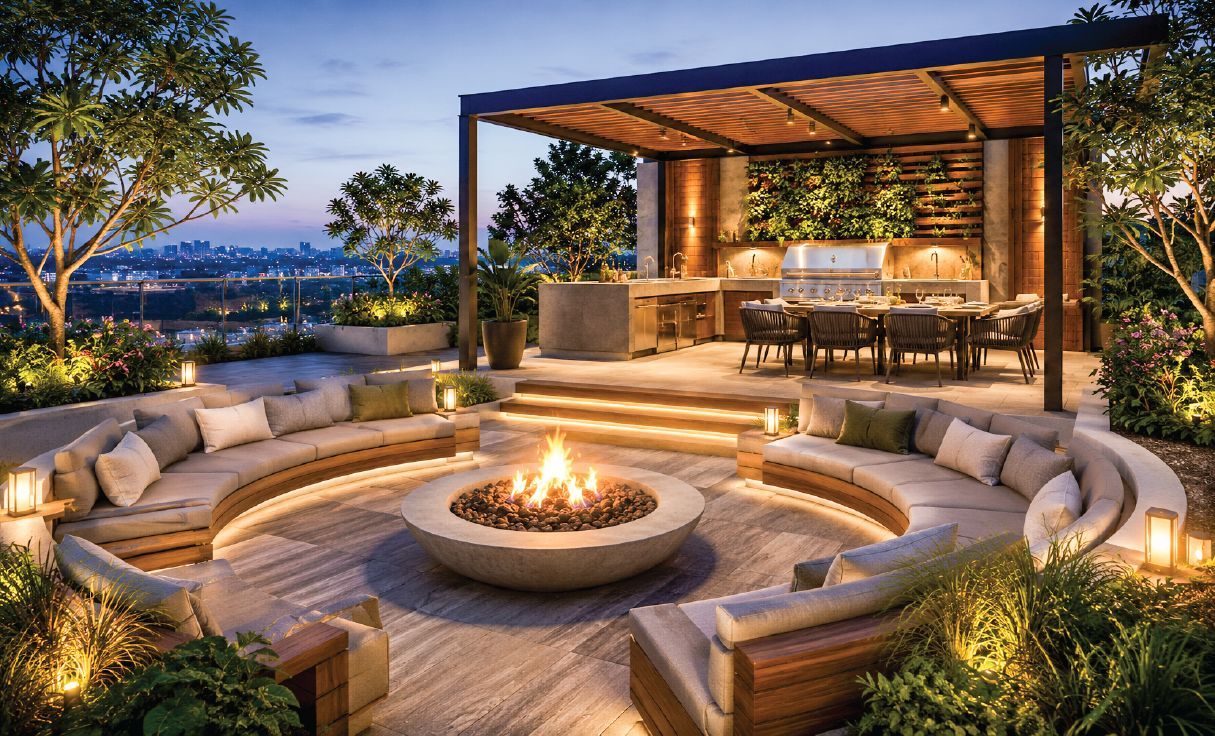 Fire pit and barbeque deck