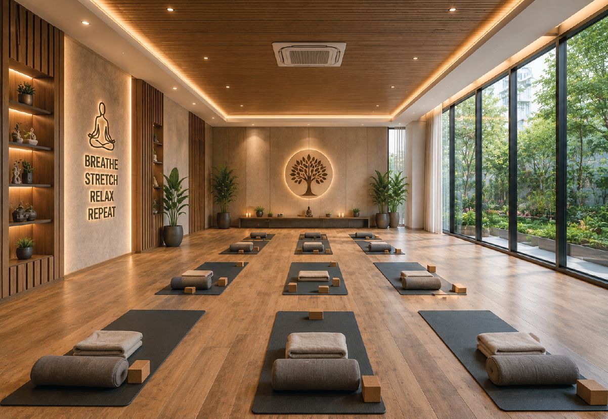 Yoga hall with warm lighting