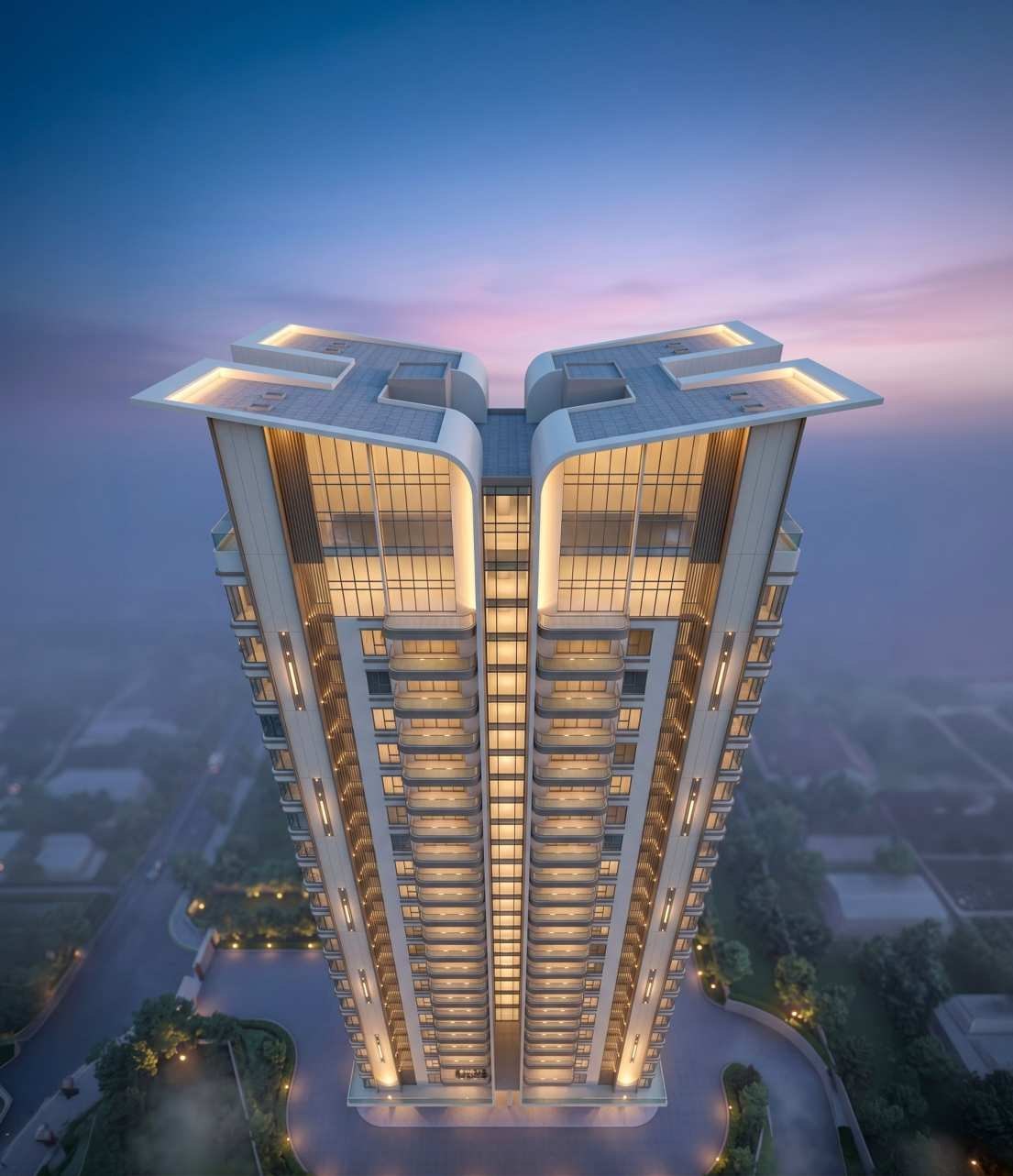 Aerial view of 9 Tara Crest, showing the split core and the crown