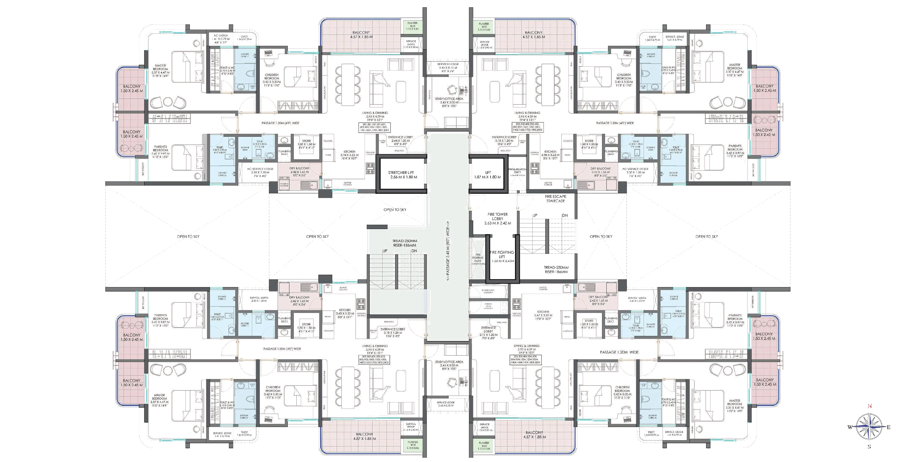 Typical floor plan of 9 Tara Crest, four apartments around a central core
