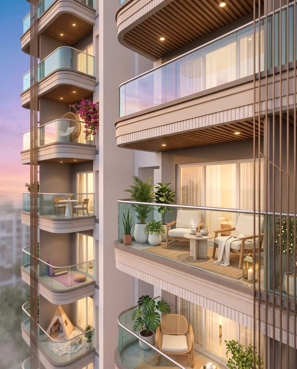 Residence balconies with glass railings and timber soffits